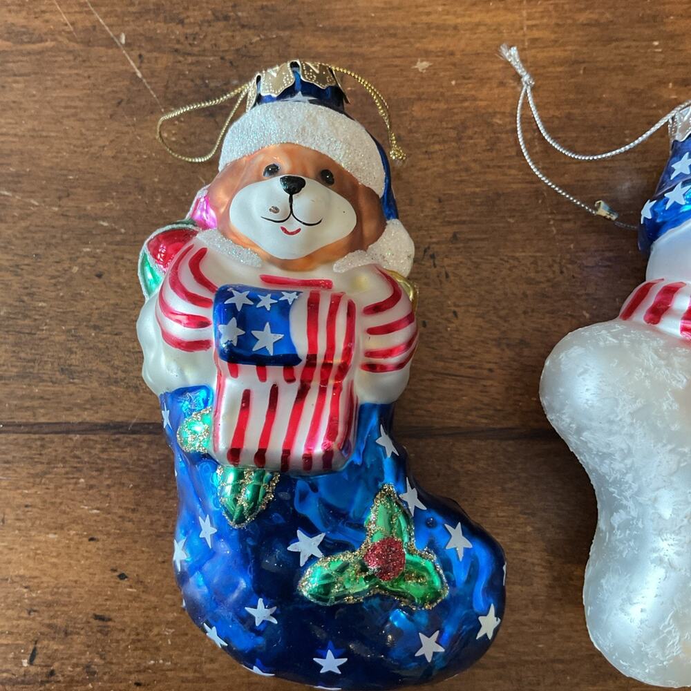 Glass Blown Christmas Ornament Dog In Stocking & Snowman Patriotic, USA Lot 2 - Picture 2 of 6